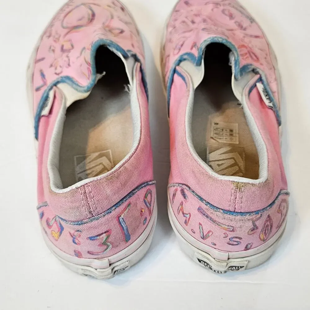 Vans Classic Slip On Shoe Sneaker Hand Painted Upcycle Light Pink‎ Women's 6.5